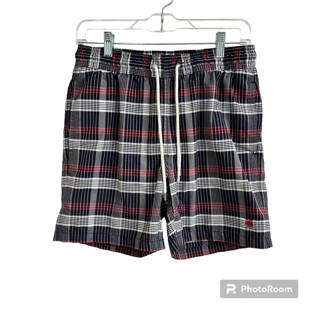 Brooks Brothers Plaid Red White Blue Swim Short Trunks Mens Sm 6’ Inseam
